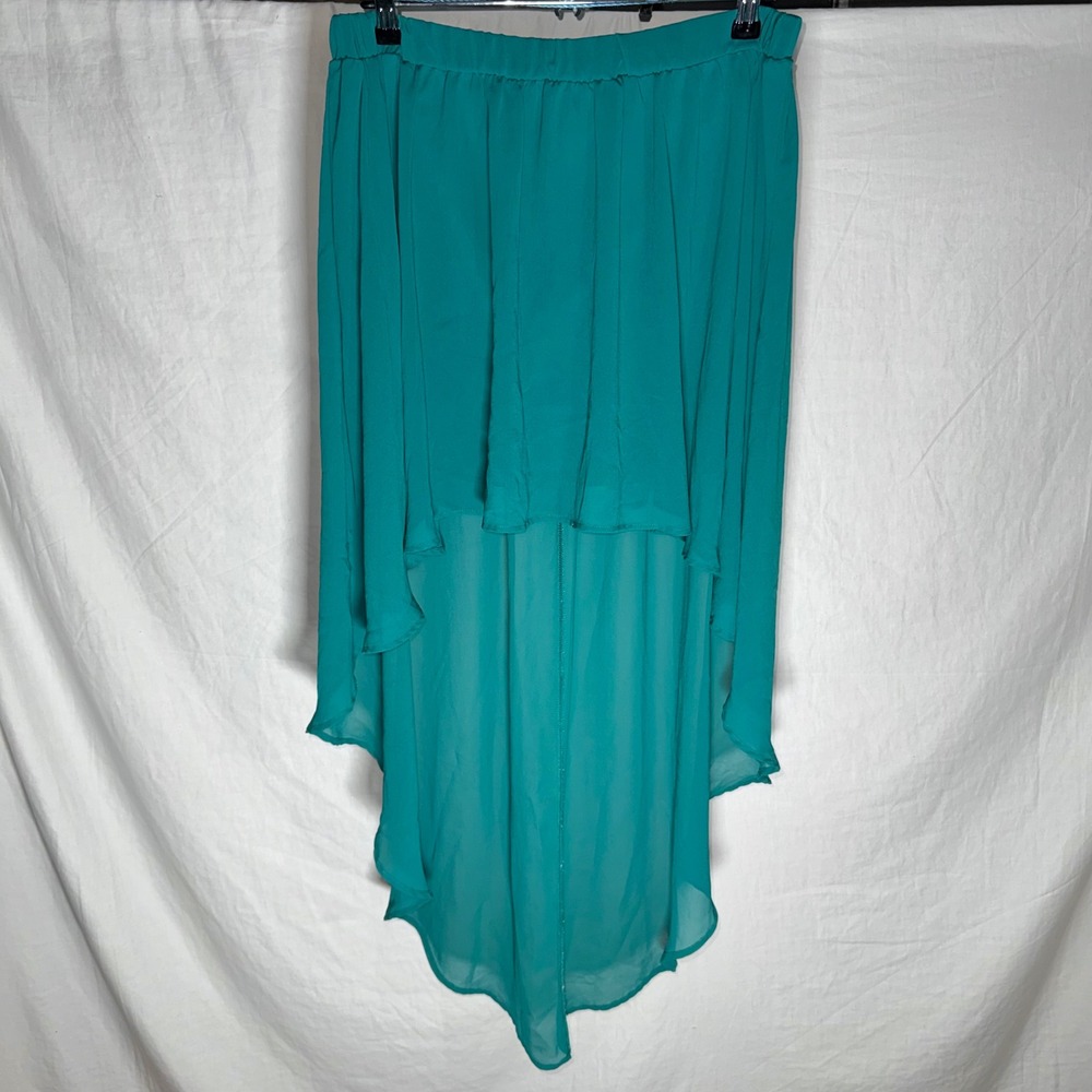Fairy Core Flowy High Low Skirt Teal Green Elastic Waist Maxi Lush Size Small